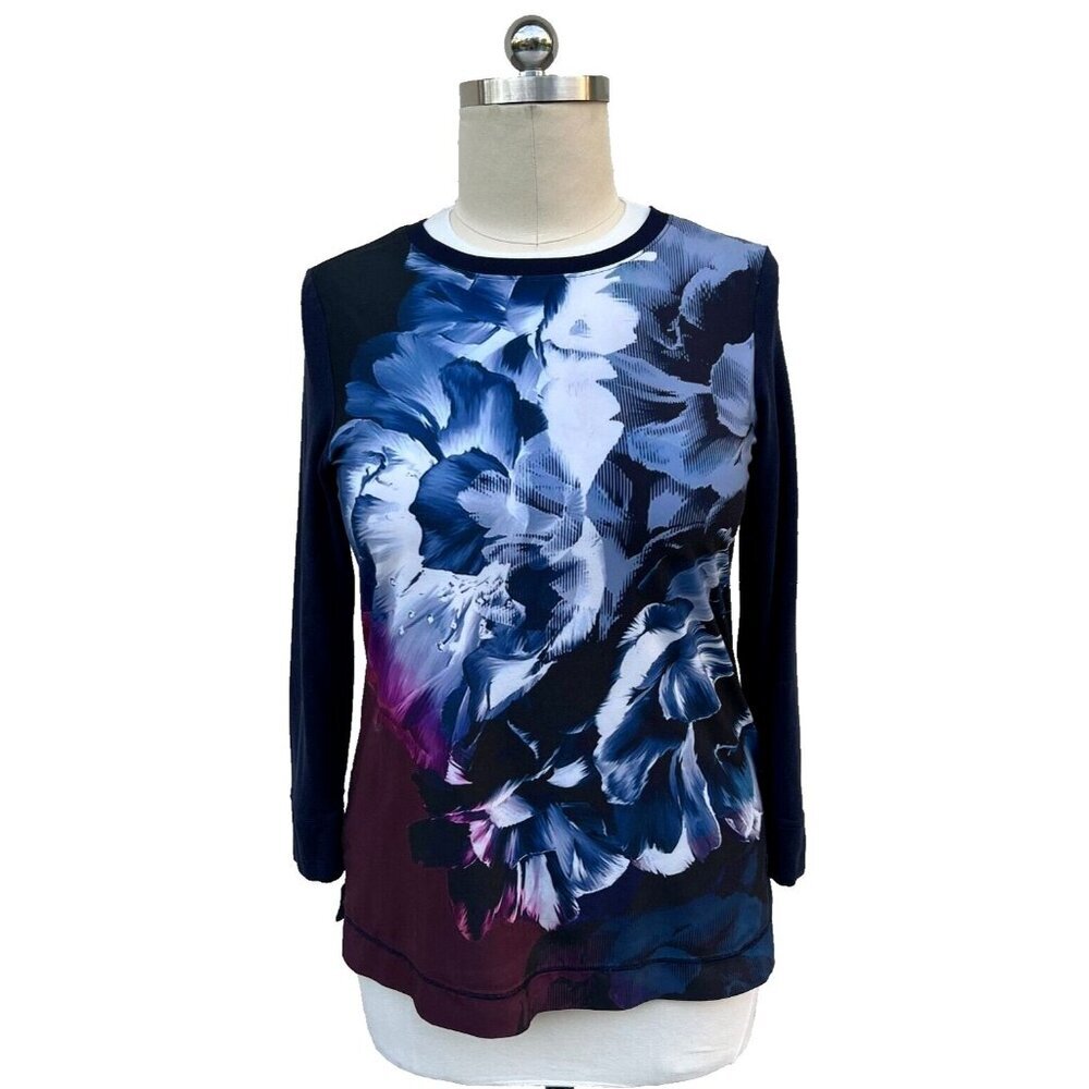 Chico's - Women's L (12/14) Blouse Abstract Floral Print Blue Burgundy
